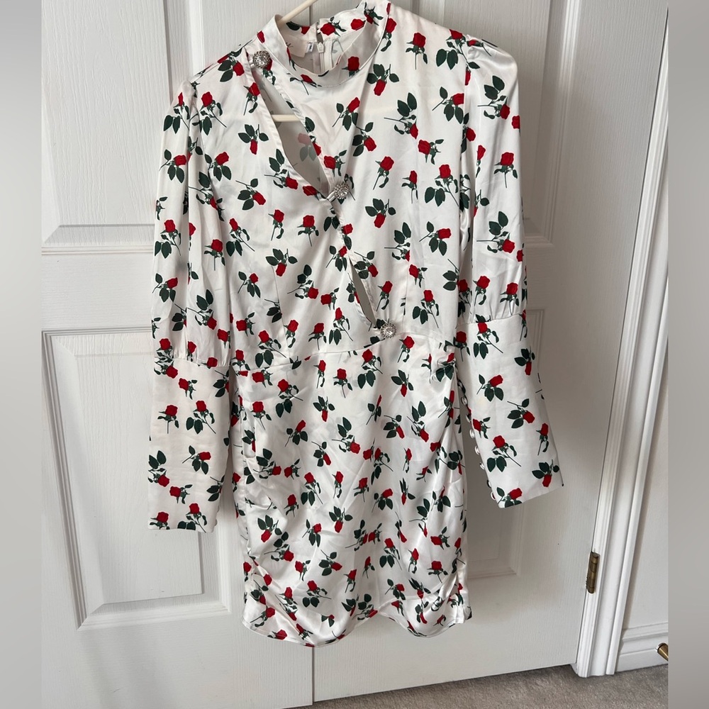 Rose print silk mini dress